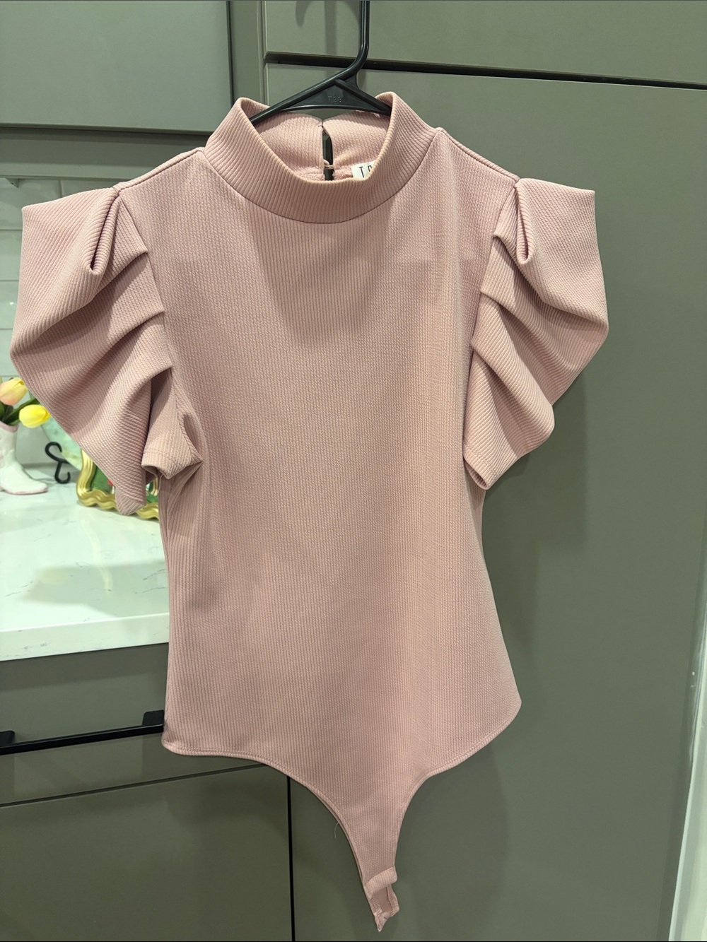 TCEC Blush Pink Ruffle Sleeve Mock Neck Bodysuit